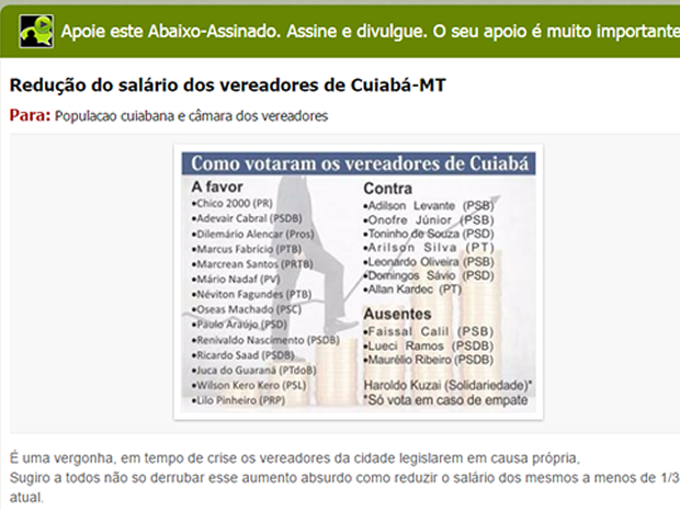 Abaixo-assinado propõe reduçção dos salários dos vereadores de Cuiabá (Foto: Reprodução)