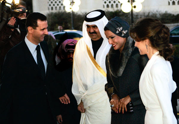 Qatar’s Sheikh Hamad and his wife (centre) being greeted by Bashar and Asma al-Assad in Syria, 2008