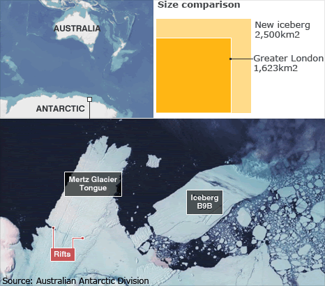 Satellite image of the Mertz Glacier, plus graphic comparing size of London with size of new iceberg