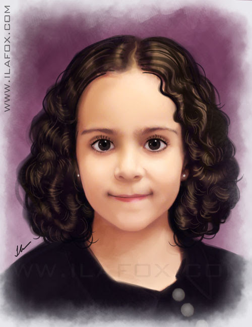 Retrato, realista, infantil, encomenda, efeito pintura, menina de cabelos enrolados, by ila fox