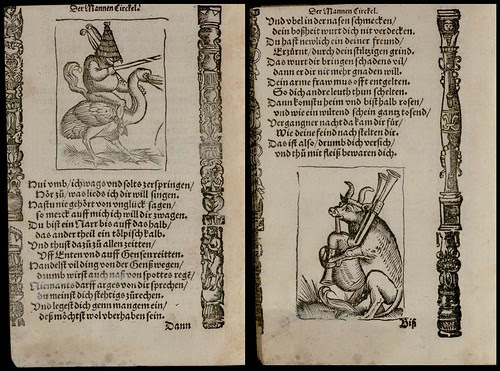 man rides bird AND cow plays bagpipes: 16th century woodcut illustrations