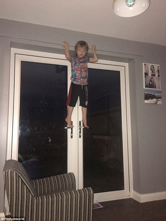 Ethan Broughton's autism has led him to develop an obsession with climbing anything he can at his home in Huntingdon, Cambridgeshire