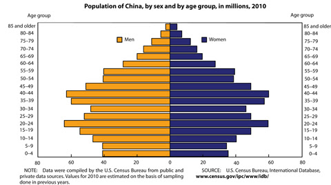 Population of China, by sex and by age group, in millions, 2010