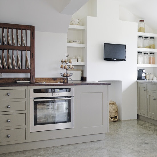 Soft grey kitchen...cabinet color is "Mouse's Back" by Farrow & Ball