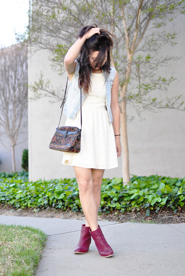 A California-based personal style blog: white floral late skater dress c/o Charlotte Russe, oxblood zip-back pleather heel bootie c/o Charlotte Russe, H&M light denim vest, thrifted purse