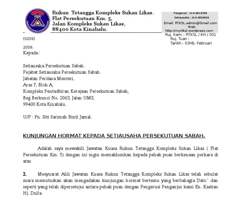 Contoh Surat Rasmi Kunjungan Hormat