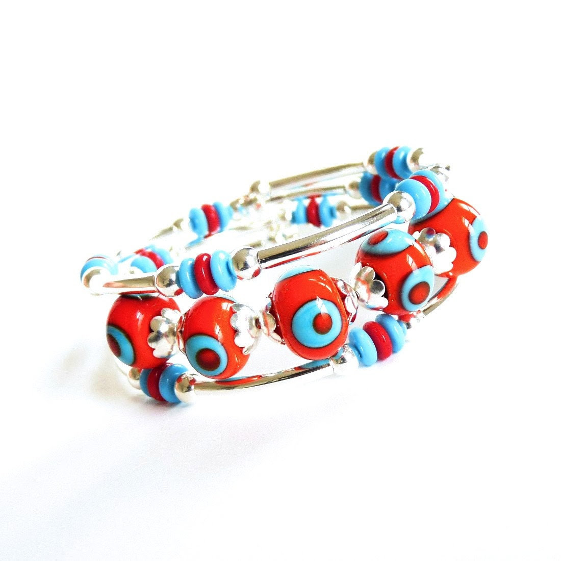 Lampworked Glass, Turquoise blue, Deep Orange, Memory Wire Bracelet - AssiaDesigns Lampworked Glass, Turquoise blue, Deep Orange, Memory Wire Bracelet - AssiaDesigns