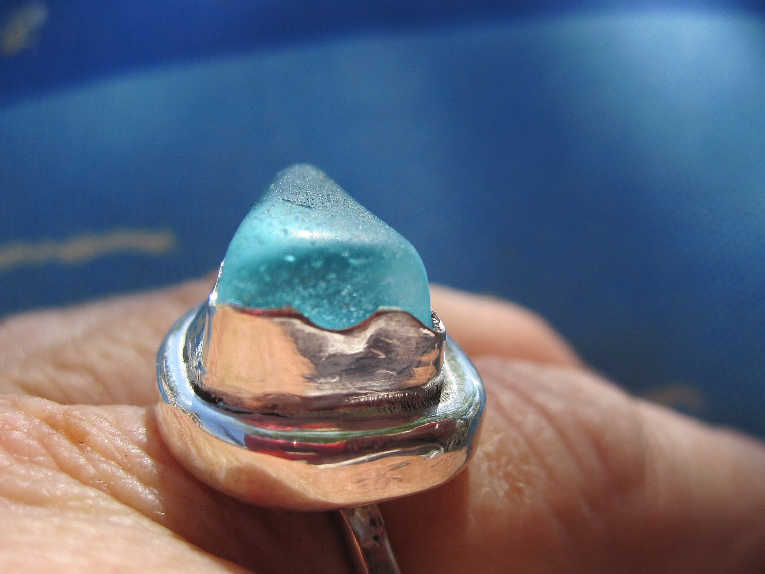 Sterling Ring with Aqua Seaglass Stone Handmade Etsy Metalwork - JudithGayleDesigns