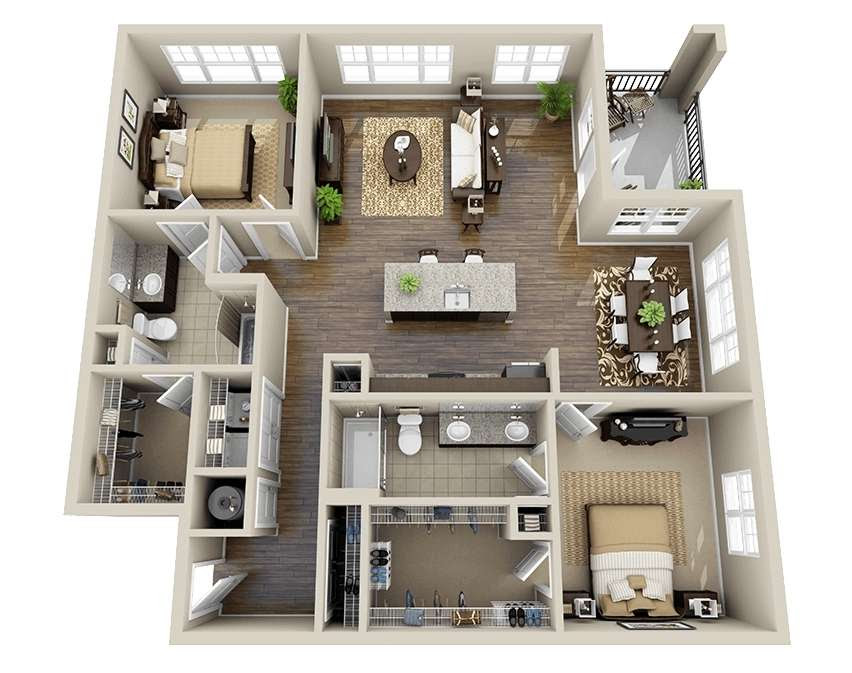 10 Awesome Two Bedroom Apartment 3D Floor Plans 10 Awesome Two Bedroom Apartment 3D Floor Plans