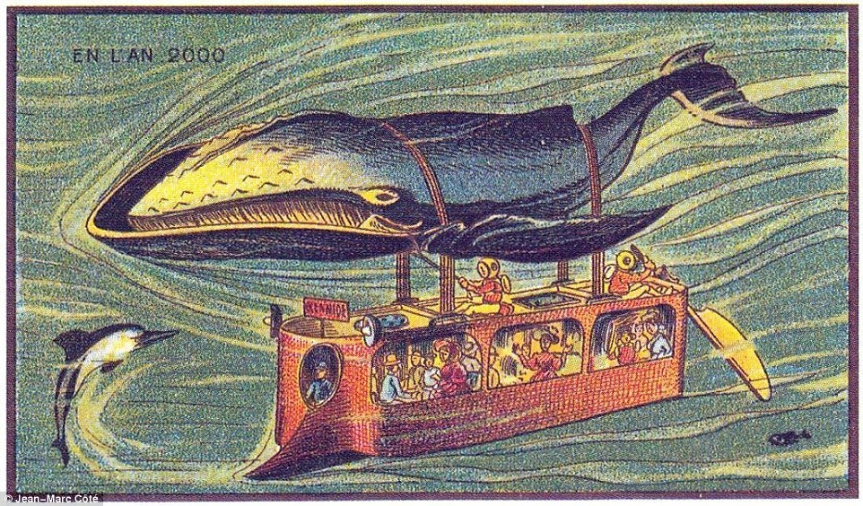 At the turn of the 20th century, a group of French artists were asked to imagine the world 100 years later. This image predicts that whale-buses will come about, with bus strapped to a whale that pulls travelers through the deep sea. Whale handlers control the reins and rudder, steering passengers clear of a disgruntled dolphin.