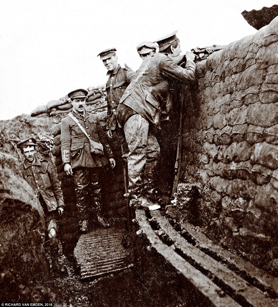 Men of the 8th East Lancashire Regiment in waterlogged trenches near Foncquevillers, winter 1915