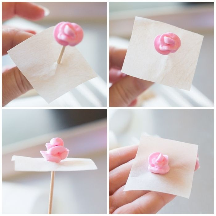 how to make royal icing toothpick roses for decorated cookies, cakes, and cupcakes | bakeat350.blogspot.com