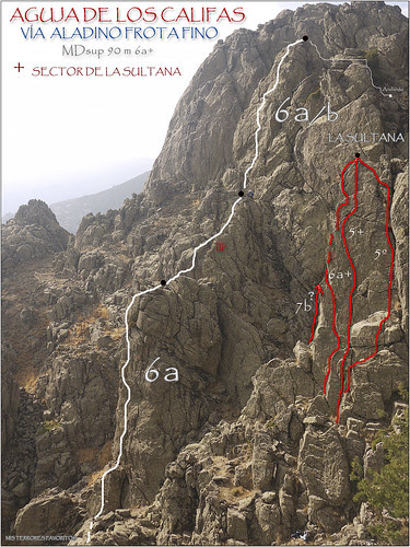 CROQUIS VÍA ALADINO FROTA FINO MDsup 90 m 6a+- AGUJA DE LOS CALIFAS - RISCOS DE VILLAREJO