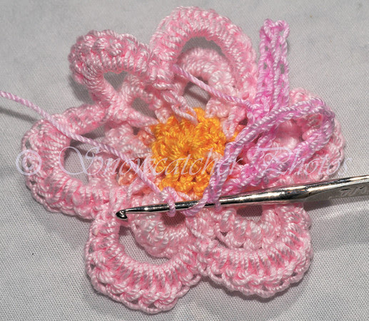 1 double crochet through single base of next single crochet petal 1 double crochet through single base of next single crochet petal