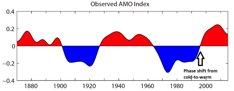 Observed AMO index, defined as detrended 10-year low-pass filtered annual mean area-averaged SST anomalies over the North Atlantic basin (0N-65N, 80W-0E), using HadISST dataset (Rayner, et al., 2003) for the period 1870-2015.; courtesy NCAR: https://climatedataguide.ucar.edu/climate-data/atlantic-multi-decadal-oscillation-amo