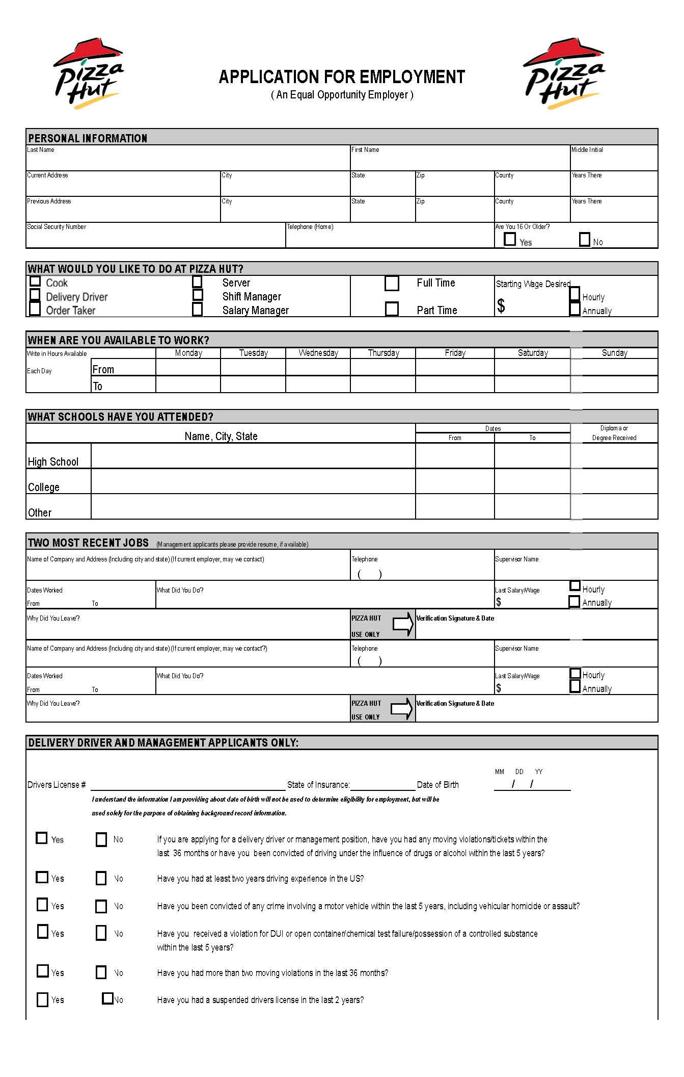 Pizza Hut Job Application Form Printable Printable Forms Free Online