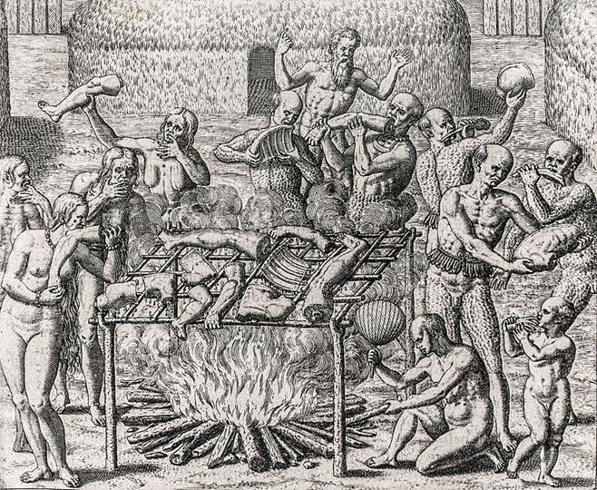 Xilogravura mostrando 12 pessoas segurando várias partes do corpo humano em uma fogueira aberta, onde partes do corpo humano, suspensas em uma tipóia, estão cozinhando.