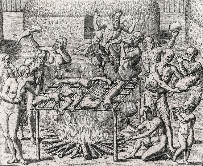 Xilogravura mostrando 12 pessoas segurando várias partes do corpo humano em uma fogueira aberta, onde partes do corpo humano, suspensas em uma tipóia, estão cozinhando.
