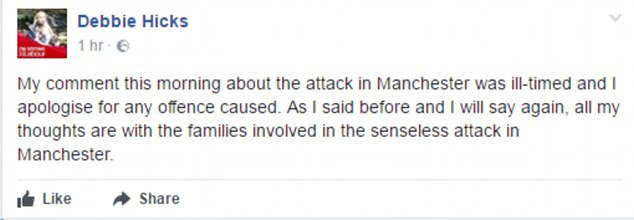 Miss Hicks took to Facebook to apologise for the comments and condemn the attack