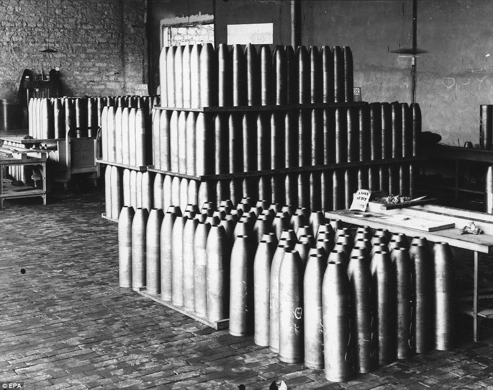 Armoury: This picture shows shells neatly lined up in a French workshop in 1916. Tanks were developed during the Great War to combat the stalemate of trench warfare