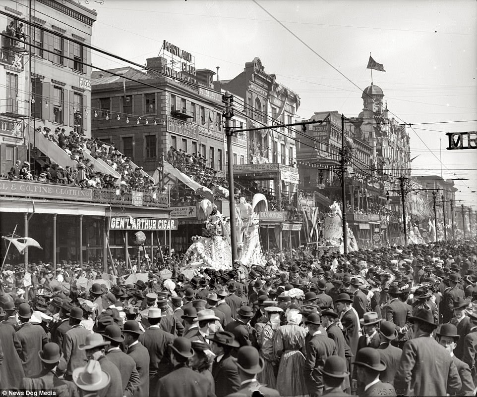 Pictured: Mardia Gras in New Orleans, circa 1900. In 1972, the city hosted the final parade going through narrow streets in the French Quarter. Instead, the crowds were forced to skirt the area along Canal Street over health and safety concerns