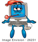#26231 Clip Art Graphic Of A Sick Desktop Computer Cartoon Character With A Virus Sitting With A Pack On His Head And A Thermometer In His Mouth by toons4biz