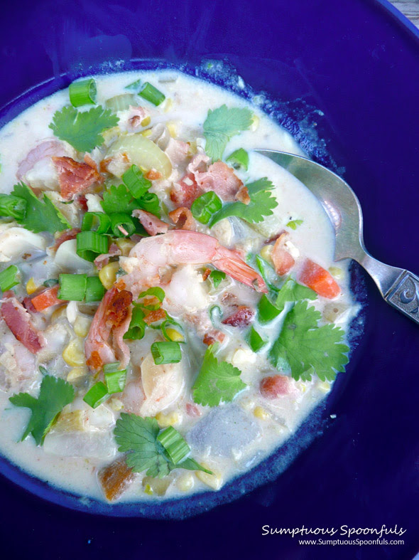 Fish, Shrimp & Corn Chowder with Bacon & Green Chile from Sumptuous Spoonfuls #seafood #chowder #recipe