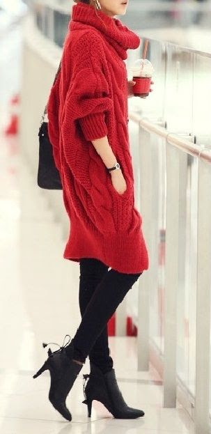 Red sweater dress with leggings and boots. I need to find a sweater like this for fall!