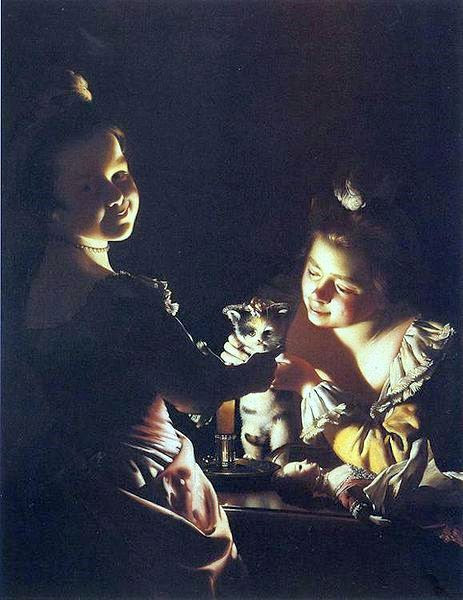 Two Girls Dressing A Kitten By Candlelight