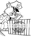 Cat dressed in police uniform in these Tom and Jerry Coloring pages and sheets, looking into the mouse's cage.