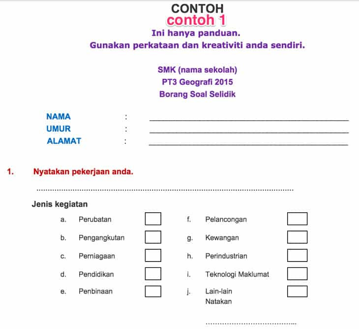 Contoh Borang Soal Selidik Untuk Murid Sekolah Rendah 