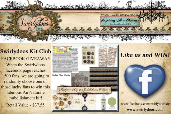Like Swirlydoos and you could win this fabulous embellishment kit valued at $37.55! Remember guys - you have to click the LIKE button on our PAGE to be entered, then SHARE the post! The faster we get to 1500, the faster we draw a winner!