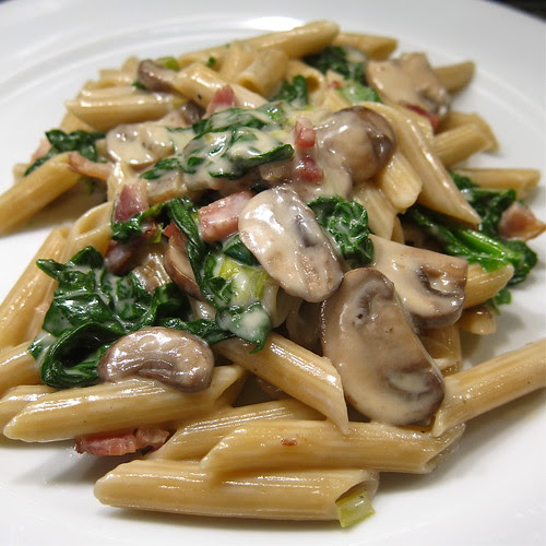#115 - Penne with Creamy Spinach, Mushrooms & Bacon