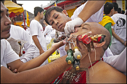 Getting pierced at Kathu shrine, Phuket Vegetarian Festival 2013