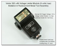PJ1057: Replacement Foot Assembly with Voltage Limiter for Vivitar 283 Flash Unit - Reduces Trigger Voltage from 250 volts to 6 volts