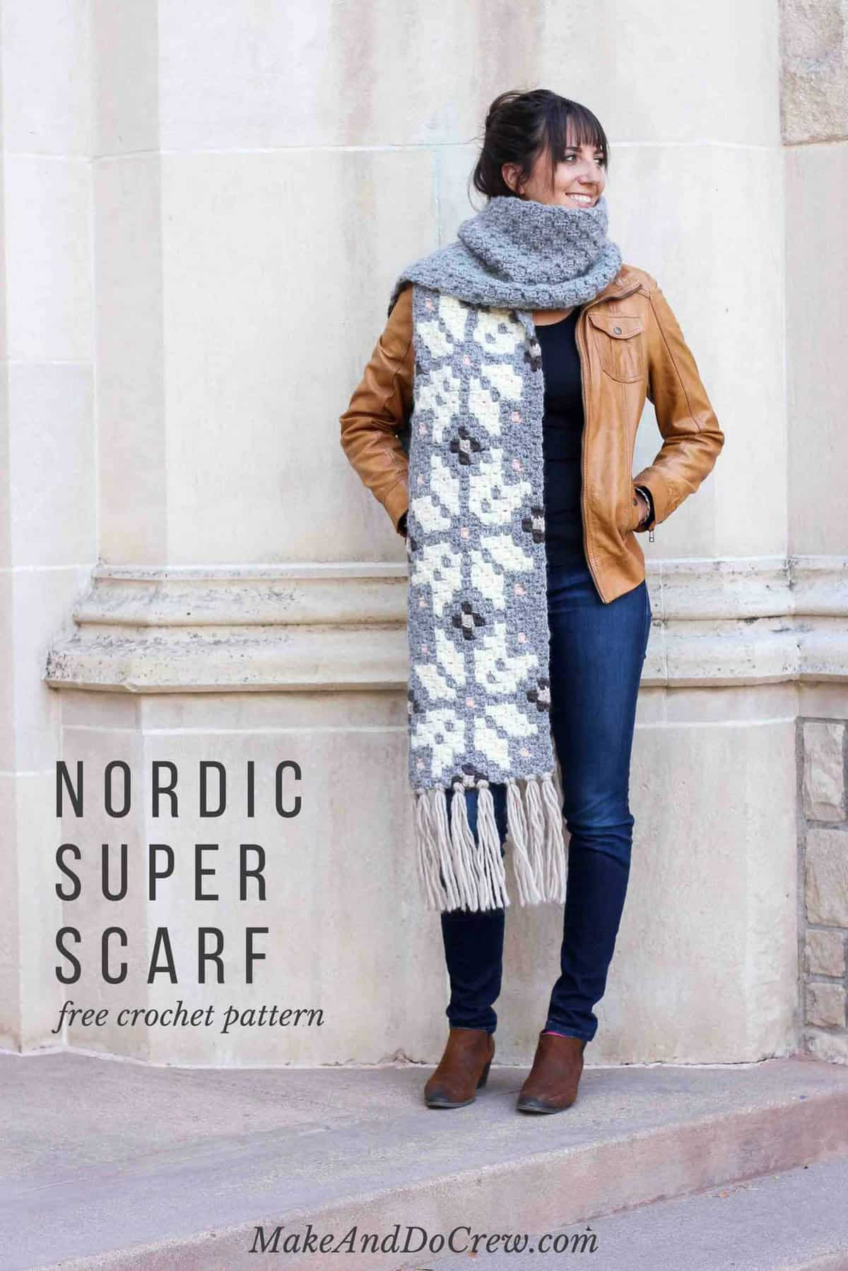 Whether you live in the North Pole or just want to jump on the super scarf trend, this nordic crochet super scarf pattern will keep you feeling warm, but lookin' hot all winter long. Click to download the free c2c graph pattern that looks like intarsia crochet.