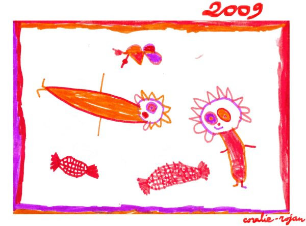 voeux 2009, dessin de Coralie-Rojan, 4 ans, du 25 décembre 2008