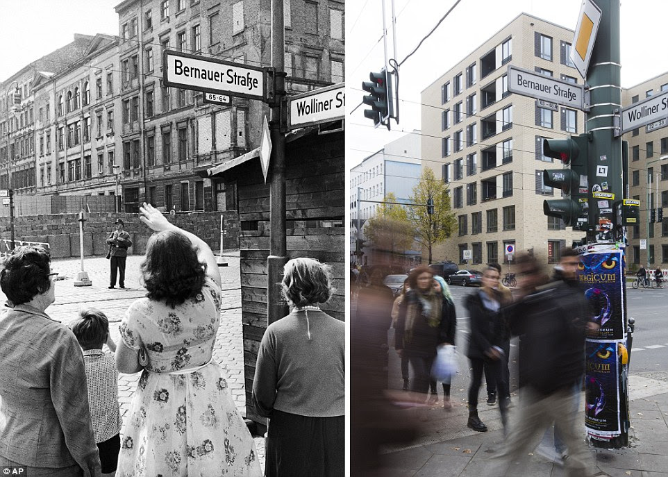 So near and yet so far: West Berliners wave to their relatives in East Berlin one year after the Berlin Wall was erected at Bernauer Strasse on August 13, 1962, where today people cross the busy street freely