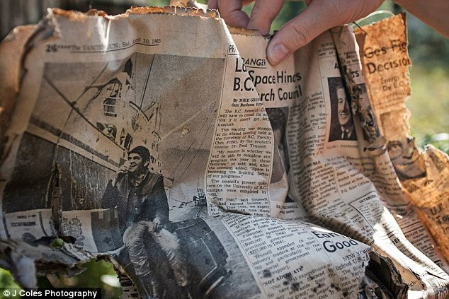 Abandoned: The small town was established in the 1930s, in the middle of Canada's gold rush, when families flocked to Bradian to work at the nearby Bralorne mine. Above, a 1960s newspaper found on the 50-acre property