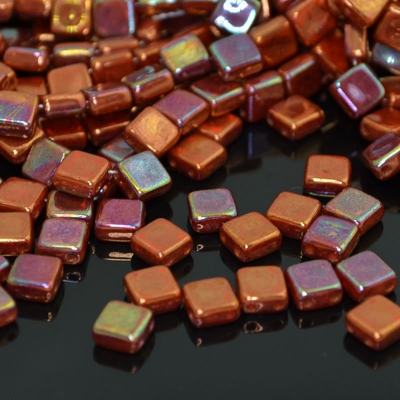 s41761 Glass Beads - 2 Hole Flat Square Tiles - Copper Iris (25)