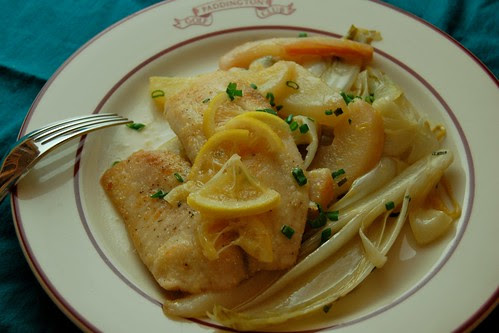 Tilapia with Braised Endive, Pears, and Meyer Lemons