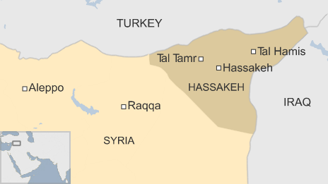 Map showing Tal Tamr and Hassakeh province in Syria