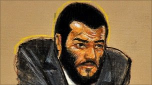 Omar Khadr in a sketch from a courtroom at Guantanamo Bay