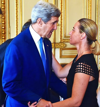 New EU Foreign Minister Federico Mogherini in a fond embrace with her friend in Paris back in August during Gaza ceasefire talks.