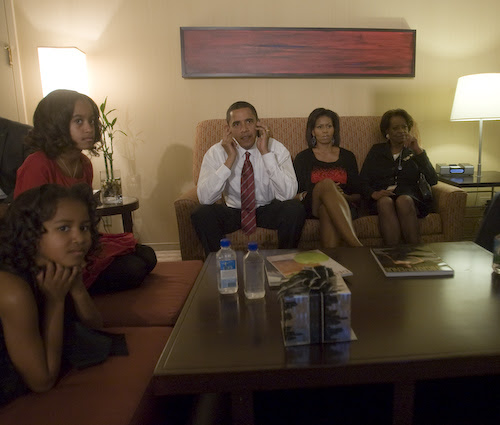 Obama family - Barack, Michelle, Sasha, and Malia - watching election returns
