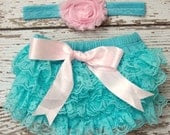 Baby Girl Petti Lace Bloomers Ruffle Cake Smash Diaper Cover Baby Aqua Pink Shabby Flower Headband Set Photography Prop 6 9 12 18 months - LolaBeanClothing Baby Girl Petti Lace Bloomers Ruffle Cake Smash Diaper Cover Baby Aqua Pink Shabby Flower Headband Set Photography Prop 6 9 12 18 months - LolaBeanClothing