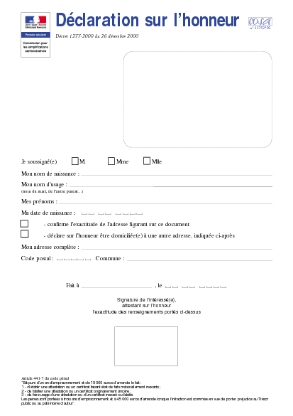 Locations de vehicule, voitures Certificat de domicile sur l'honneur