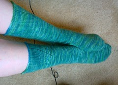 Handknit cashmere merino handpainted socks in blue and green in Cat Bordhi's New Pathways Coriolis pattern