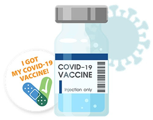 Illustration of vial of vaccine and sticker with text I got my COVID vaccine!
