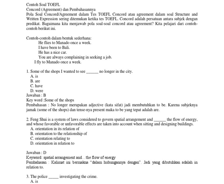Contoh Soal Toefl Tenses Dan Pembahasan